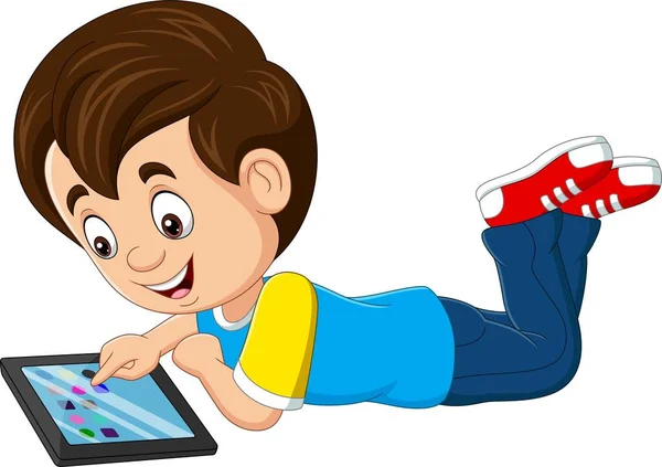 Vector Illustration Cartoon Happy Little Boy Using Tablet — Stock Vector