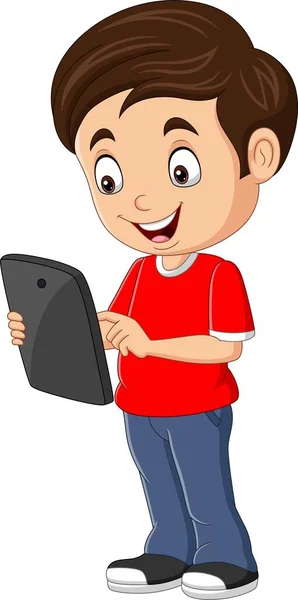 Ilustrație Vectorială Desenului Animat Fericit Băiețel Care Deține Tabletă — Vector de stoc