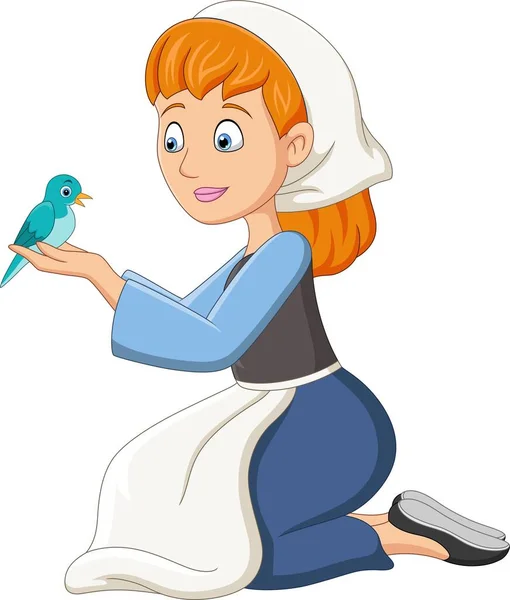 Vektor Ilustrasi Kartun Cinderella Dengan Burung Kecil - Stok Vektor