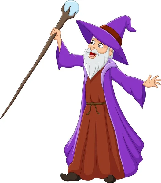 Vector Illustration Cartoon Old Wizard Holding Magic Stick — Stock Vector