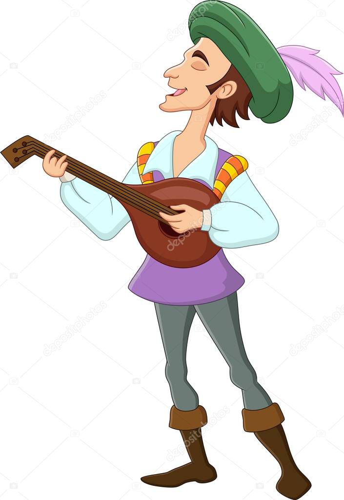 Vector illustration of Medieval bard playing musical instrument with lute
