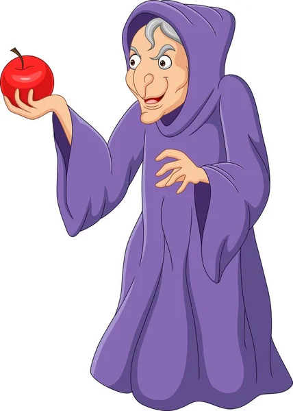 拿着红苹果的卡通老巫婆的矢量图解 — 图库矢量图片