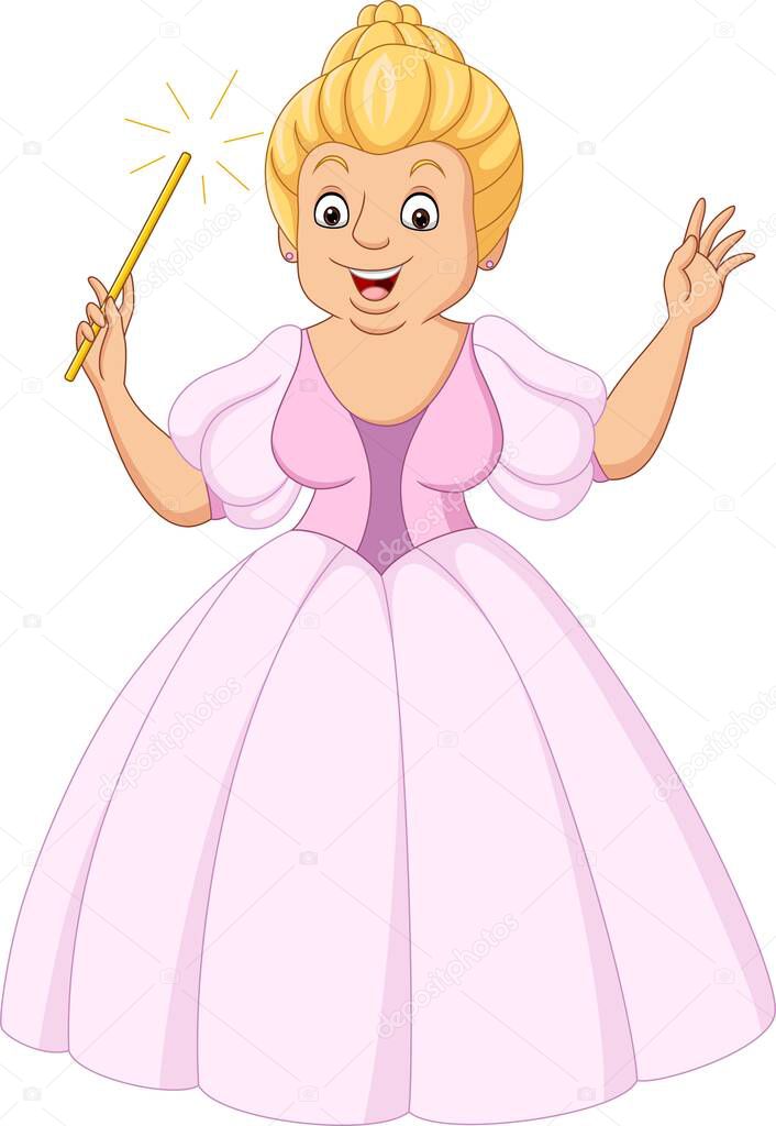 Vector illustration of Cartoon princess in pink dress holding a magic wand