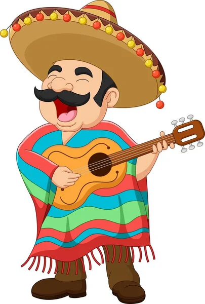 Vector Illustration Cartoon Mexican Man Playing Guitar Singing — Stock Vector