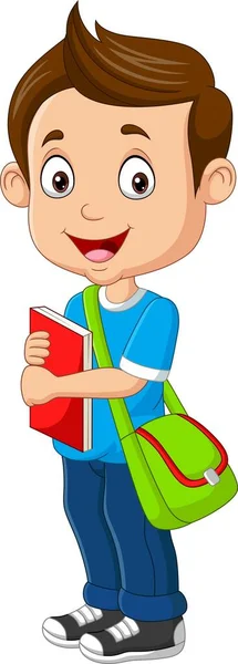 Illustrazione Vettoriale Cartoon Happy Boy Con Libro Zaino — Vettoriale Stock