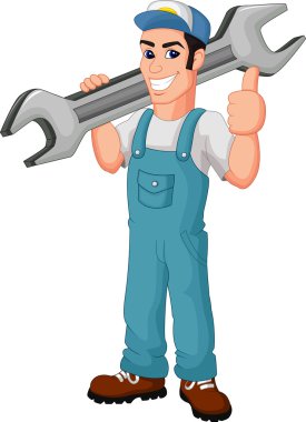 İngiliz anahtarını tutan ve başparmak veren komik makinist