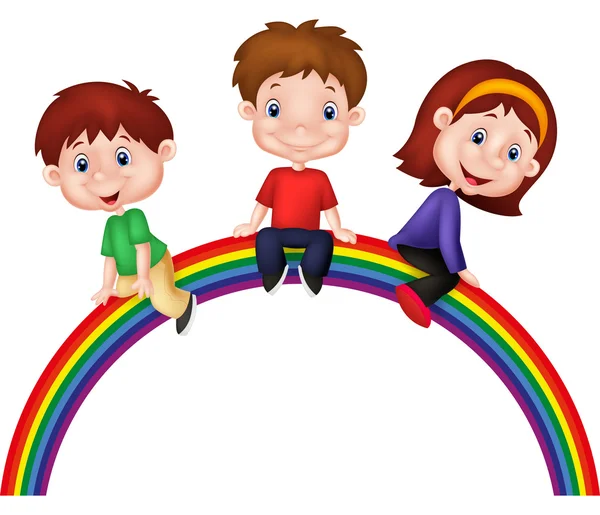 Niños de dibujos animados sentados en arco iris — Vector de stock