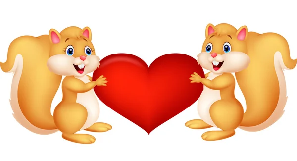 Écureuil couple tenant coeur rouge — Image vectorielle