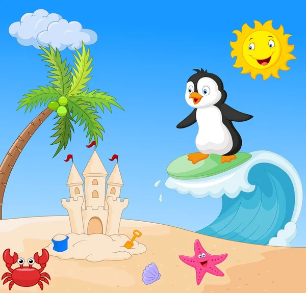 Happy penguin cartoon surfing — Stock Vector