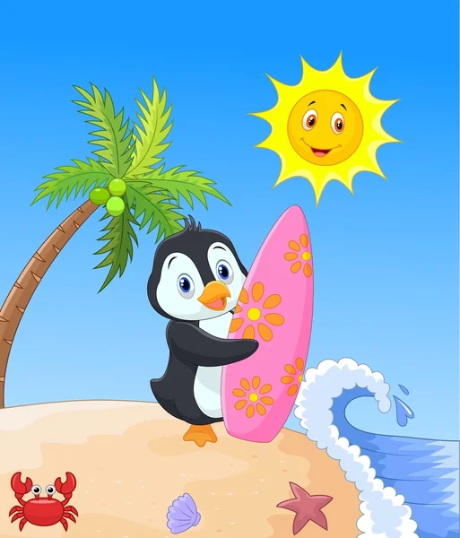 Feliz pingüino de dibujos animados celebración de tabla de surf — Archivo Imágenes Vectoriales