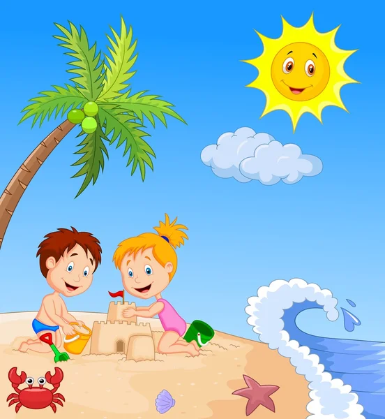 Bambini che fanno castello di sabbia sulla spiaggia tropicale — Vettoriale Stock