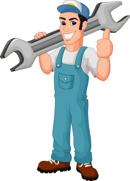 Funny mechanic holding wrench and giving thumbs up — Stock Vector