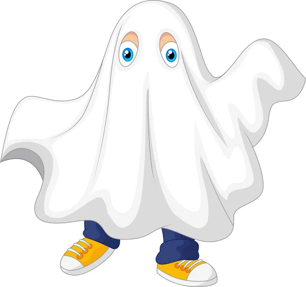 Милый ребенок в костюме призрака празднует Хэллоуин — стоковый вектор