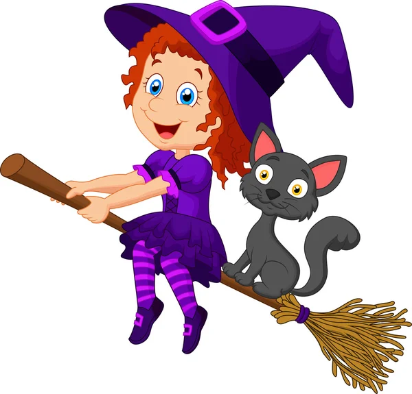 Cartoon young witch flying on her broom — Stock Vector