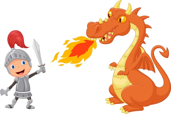 Рыцарь мультфильма со свирепым драконом — стоковый вектор
