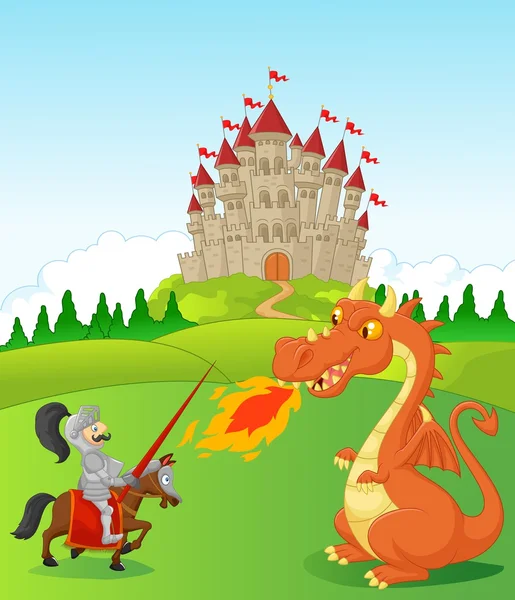 Cartoon knight with fierce dragon — Stock Vector