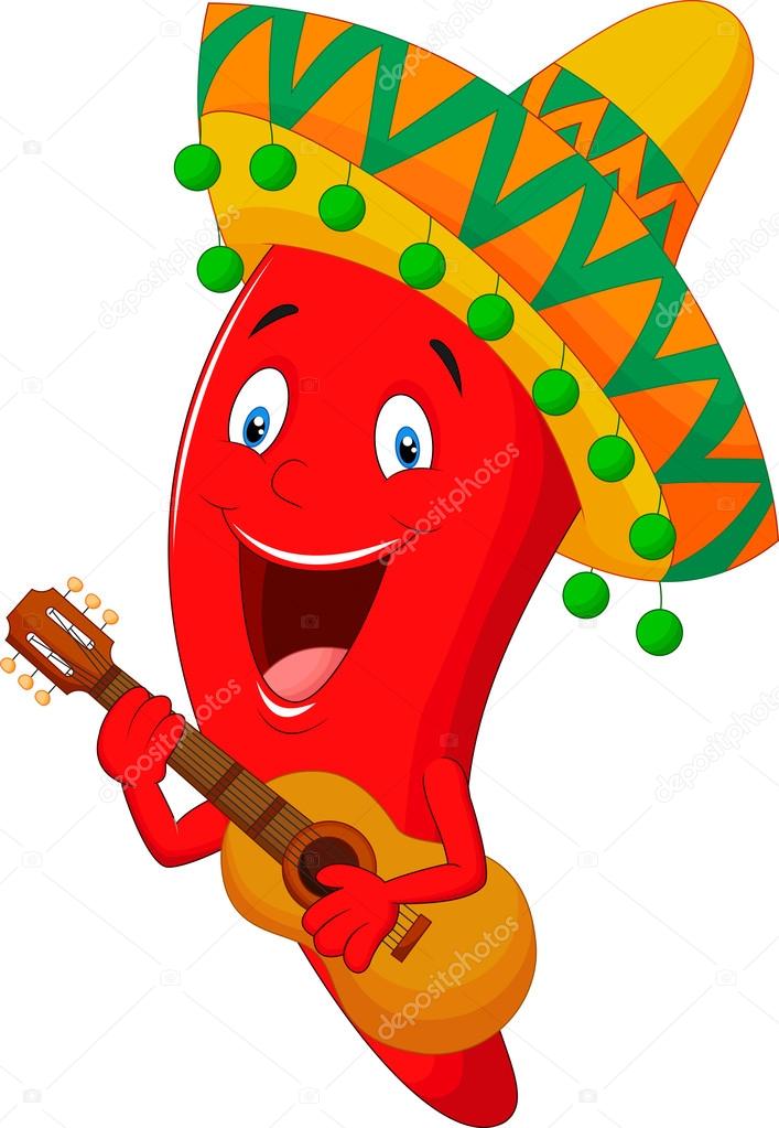 Red Chili Pepper Cartoon Character With Mexican Hat Playing A Guitar