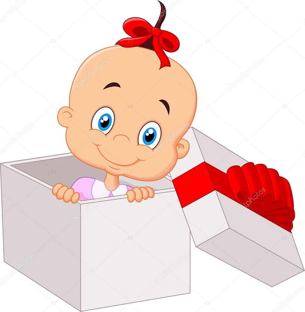 Little baby girl inside open gift box