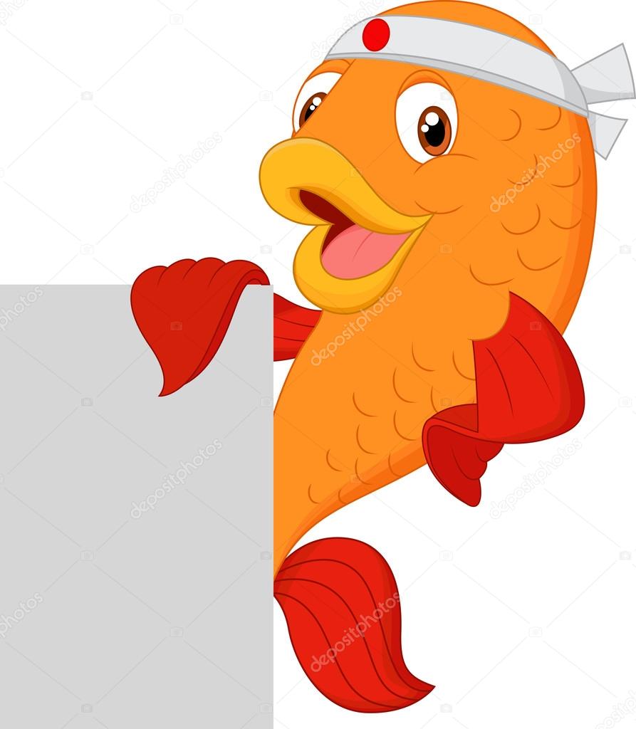 Cartoon fish chef holding blank sign