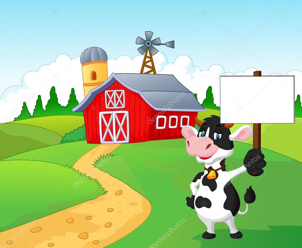 Cartoon cow holding blank sign with farm background