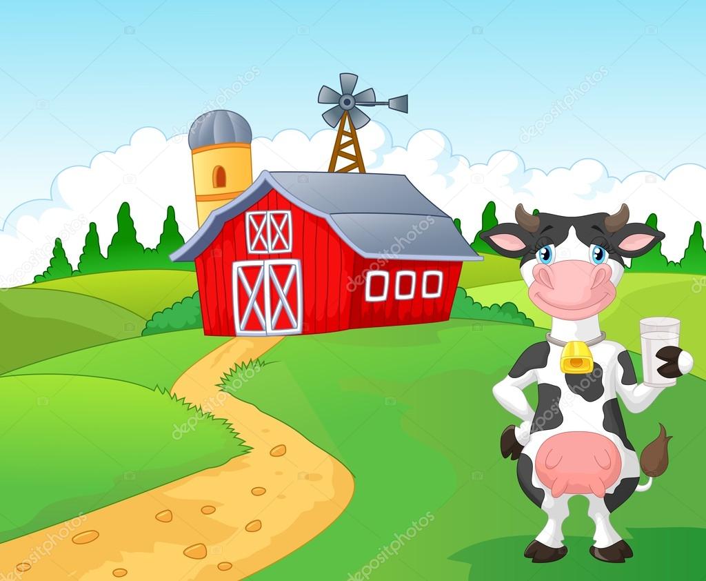 Cartoon cow holding a glass of milk with farm background