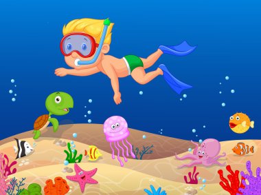 Little boy cartoon diving in the ocean clipart