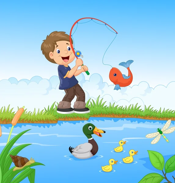 Niño pequeño de dibujos animados de pesca — Vector de stock