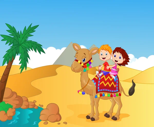 Happy kids cartoon riding camel — Stock Vector