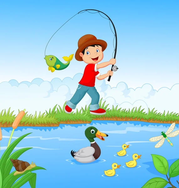Маленький хлопчик мультфільм риболовля — стоковий вектор