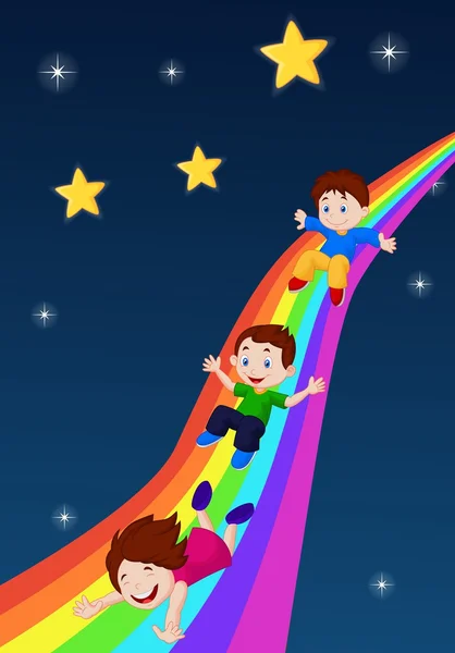 Niños dibujos animados deslizándose por un arco iris — Archivo Imágenes Vectoriales