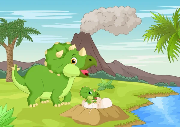 Dibujos animados madre triceratops con bebé incubación — Vector de stock