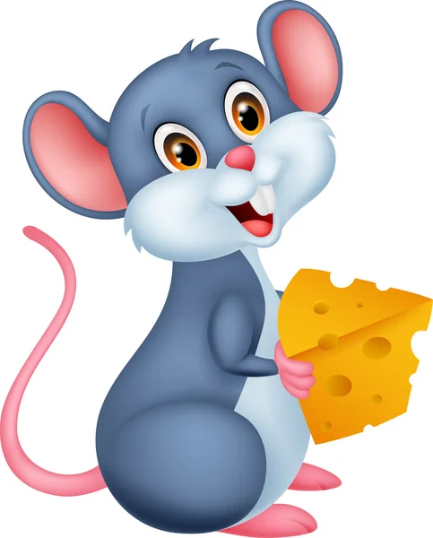 Mignon dessin animé de souris tenant un morceau de fromage — Image vectorielle