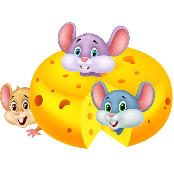 Rato dos desenhos animados escondido dentro de queijo cheddar —  Vetores de Stock