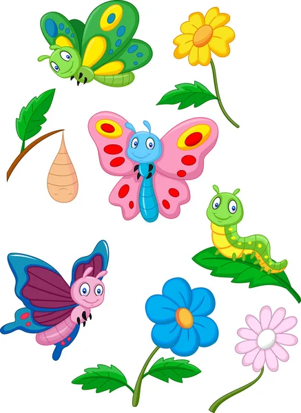 Mariposa de dibujos animados, oruga y capullo — Vector de stock