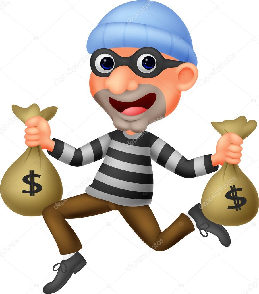 Thief cartoon carrying bag of money with a dollar sign