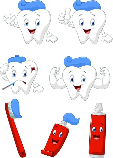Diente, cepillo y pasta de dientes colección de personajes de dibujos animados — Vector de stock