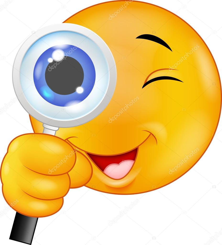 Emoticon cartoon holding a magnifying glass