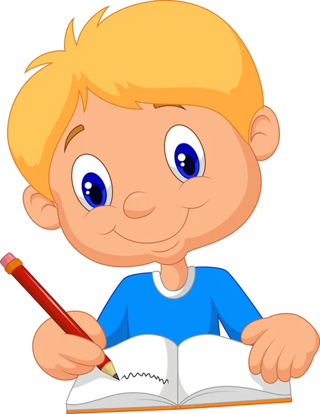 Ευτυχισμένο αγόρι γελοιογραφία γράφοντας σε ένα βιβλίο — Διανυσματικό Αρχείο