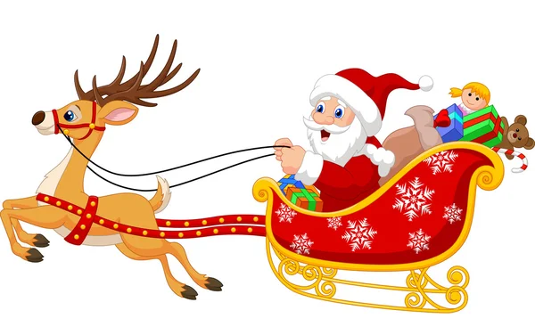 Cartoon Santa in his Christmas sled being pulled by reindeer — Stock Vector