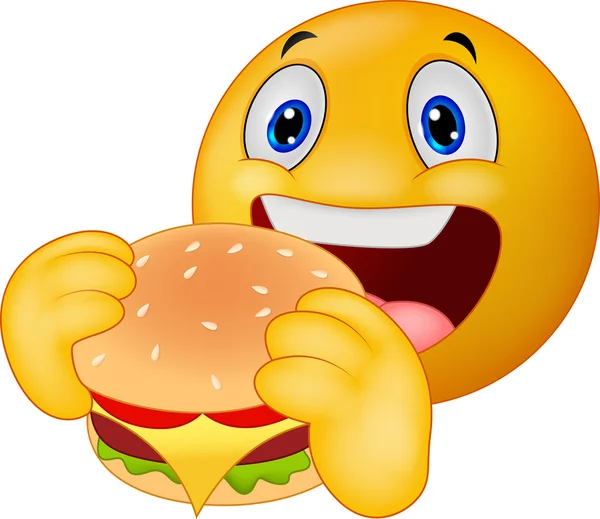 Caricatura Emoticon smiley comer hamburguesa — Archivo Imágenes Vectoriales