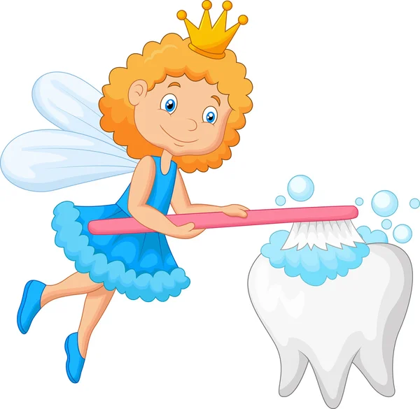 Tooth fairy kreskówka szczotkowanie zębów — Wektor stockowy