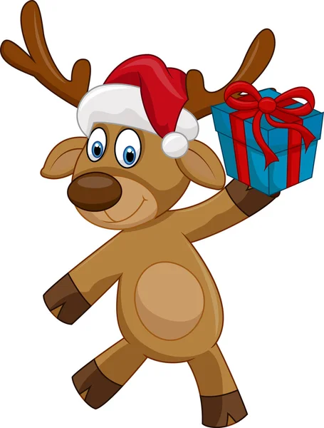 Happy cartoon deer holding present — Stock Vector