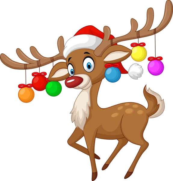 Dessin animé Cerf avec boule de Noël — Image vectorielle