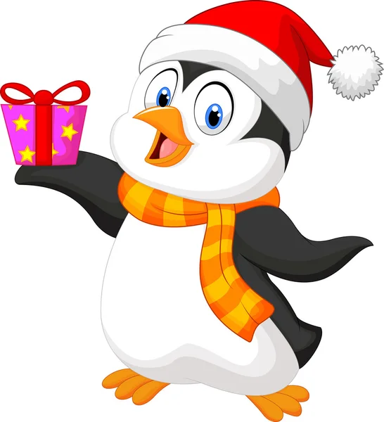 Cute penguin cartoon holding present — Stock Vector