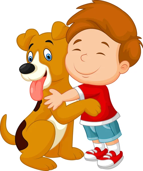 Happy νεαρό αγόρι κινουμένων σχεδίων που αγκαλιάζει στοργικά κατοικίδιο σκύλο — Διανυσματικό Αρχείο