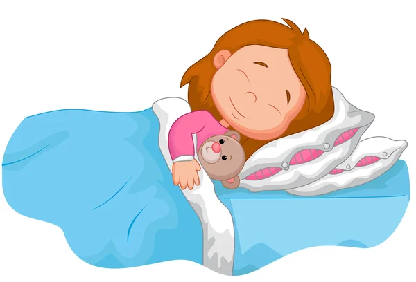 Dessin animé fille dormir avec peluche ours — Image vectorielle