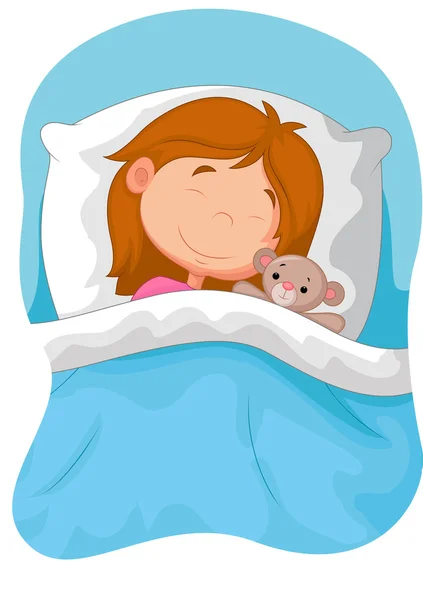 Dessin animé fille dormir avec peluche ours — Image vectorielle