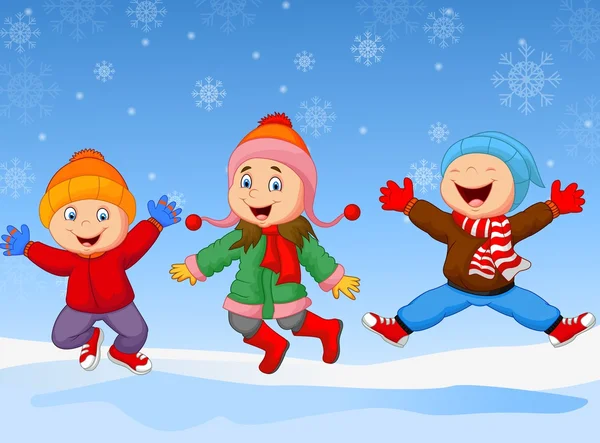 Crianças dos desenhos animados pulando juntas no inverno — Vetor de Stock
