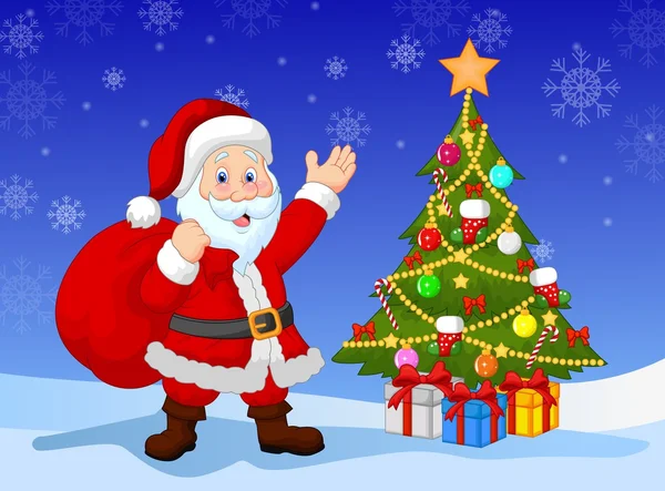 Cartoon Santa clause with Christmas tree — Stock Vector