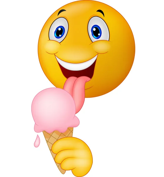 アイスクリームを舐めている幸せな漫画絵文字のスマイリー — ストックベクタ